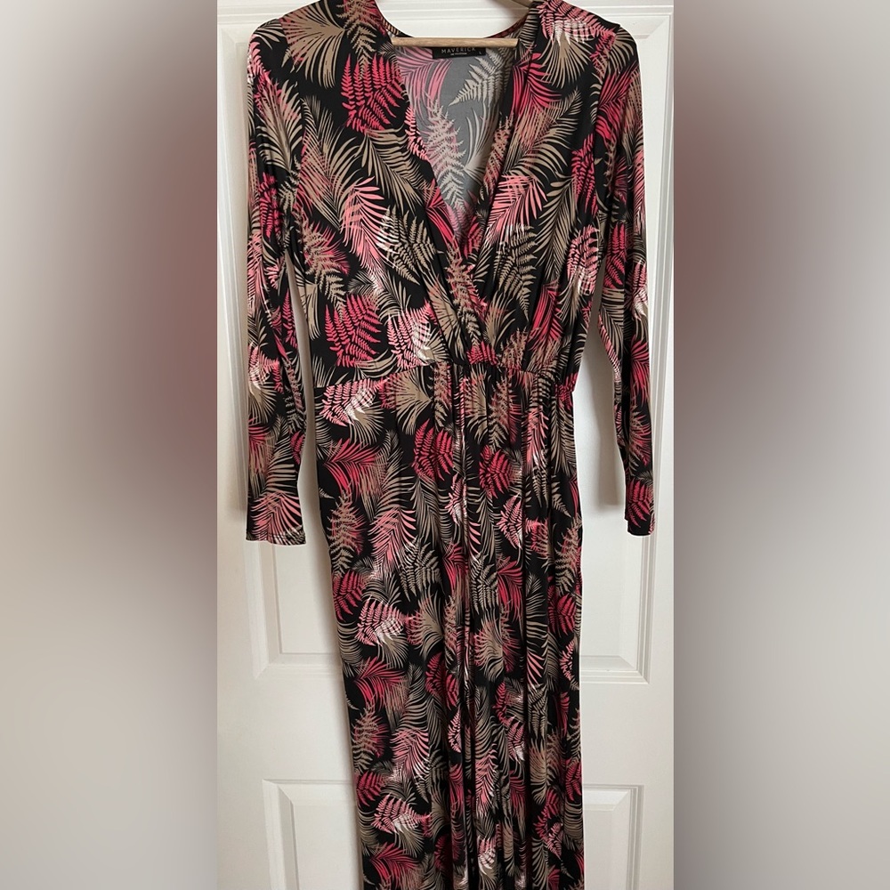 Pink and Black V-Neck Long Sleeve Wrap Jumpsuit
